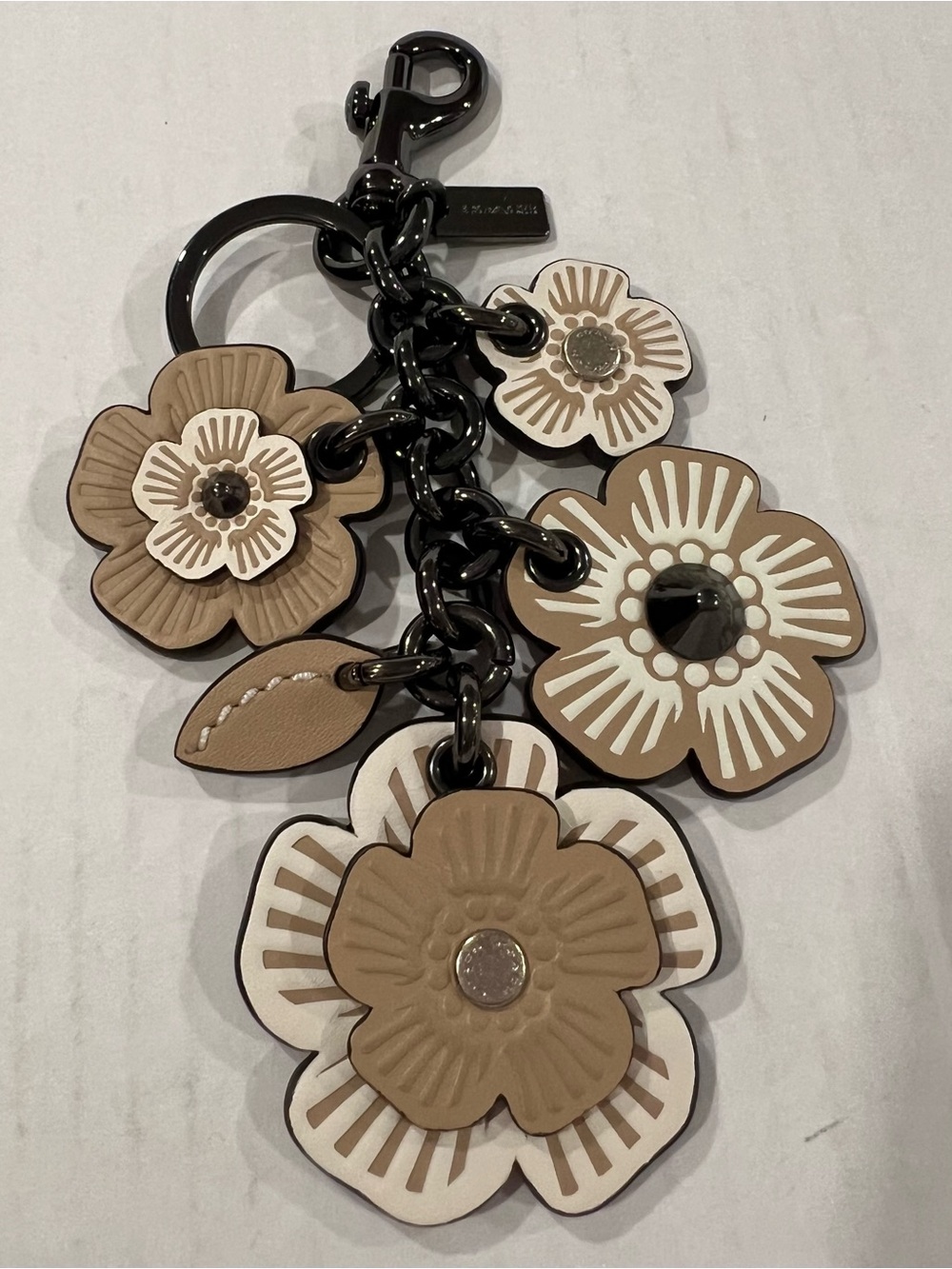 Coach Tan and White Floral Leather Keychain Charm / Purse Fob